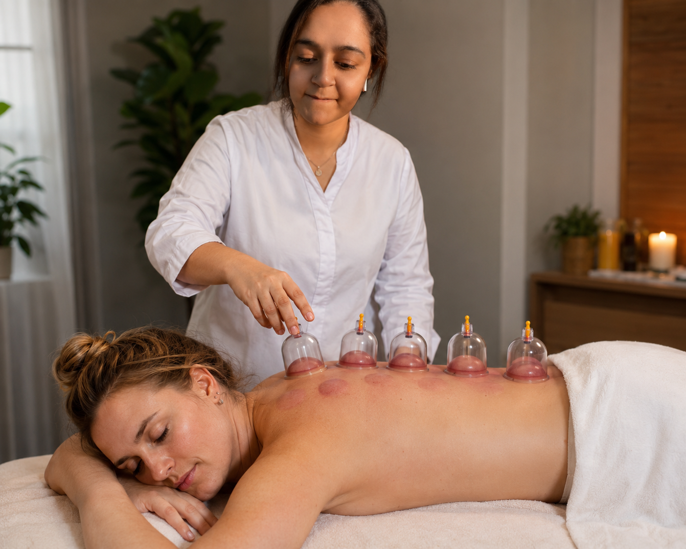 Isha performing a cupping treatment at her Manchester clinic