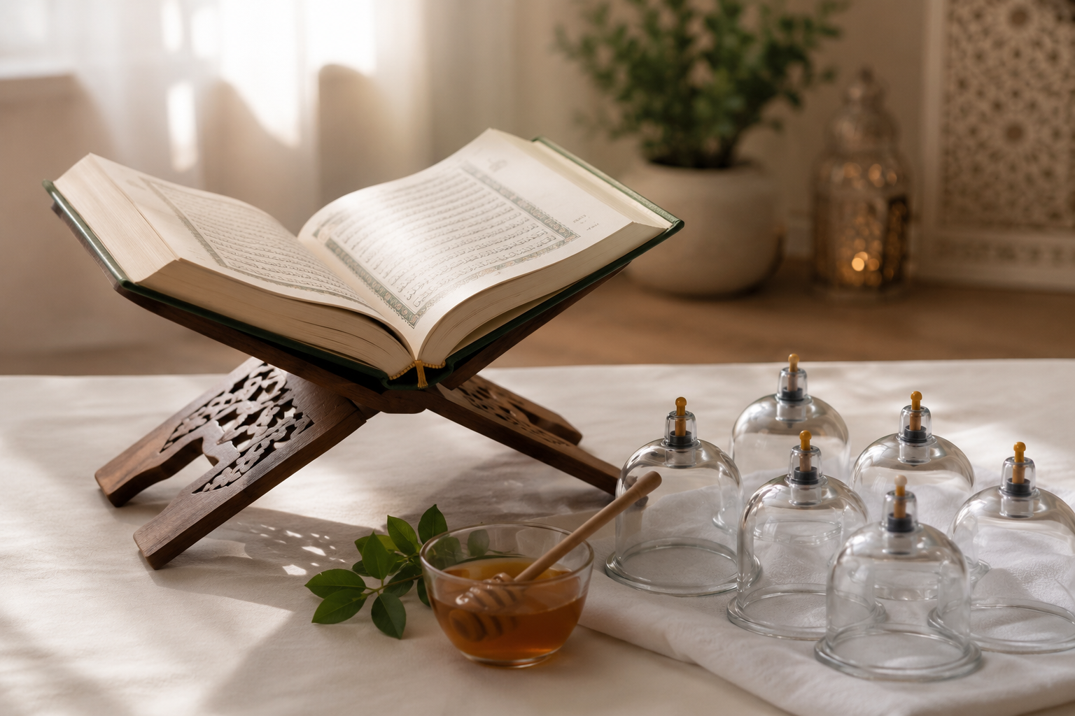 Cupping vessels arranged with honey and a copy of the Qur'an