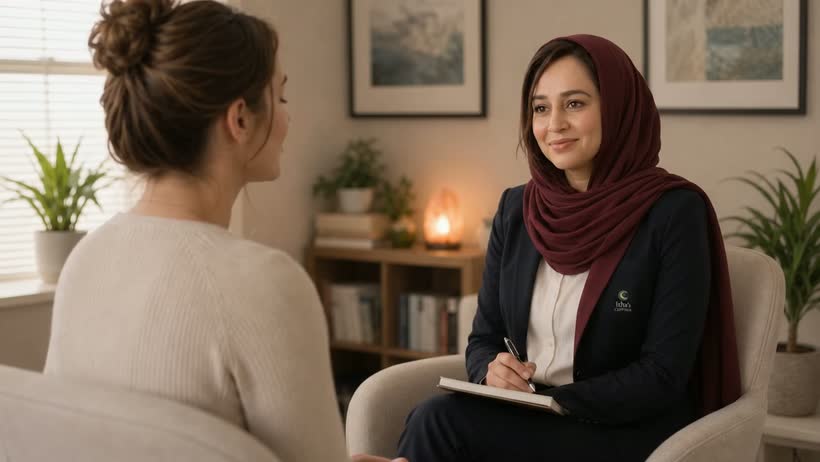 Isha consulting with a client at her Manchester clinic